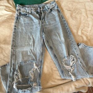 American Eagle Outfitters Blue Straight Leg Jeans with Distressed Details